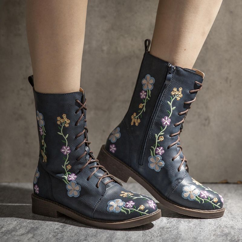 Bottes Mi-mollet À Fleurs Rétro Pour Femmes