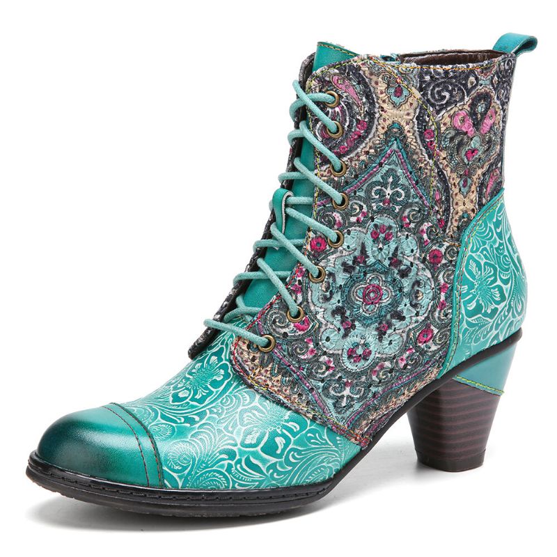 Bottes Mi-mollet Rétro À Motif Floral En Cuir Véritable Socofy