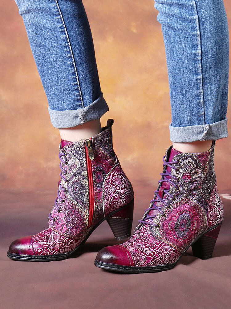 Bottes Mi-mollet Rétro À Motif Floral En Cuir Véritable Socofy