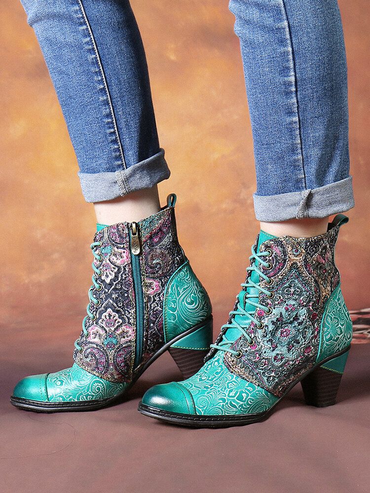 Bottes Mi-mollet Rétro À Motif Floral En Cuir Véritable Socofy