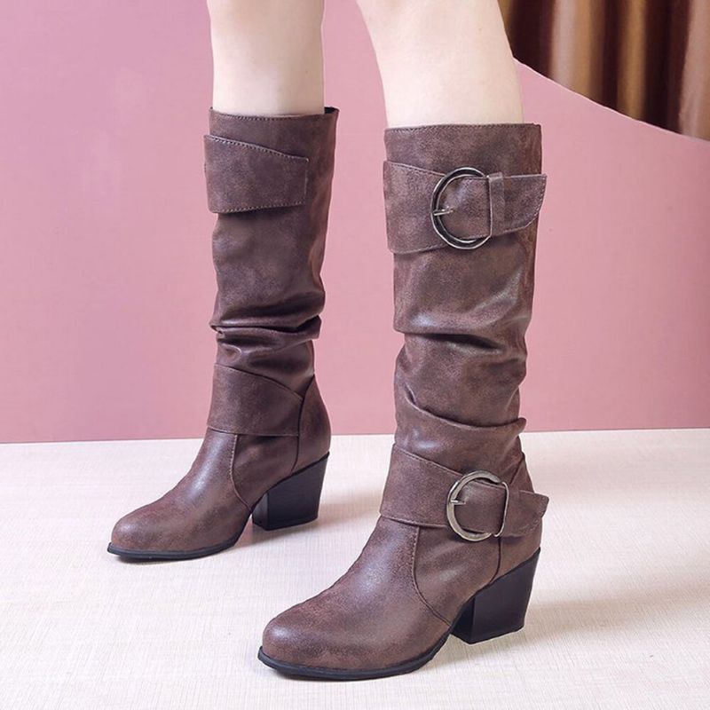 Bottes Mi-mollet À Talon Épais Avec Boucle Et Doublure Chaude Pour Femme