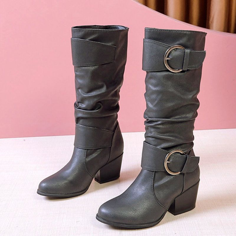 Bottes Mi-mollet À Talon Épais Avec Boucle Et Doublure Chaude Pour Femme