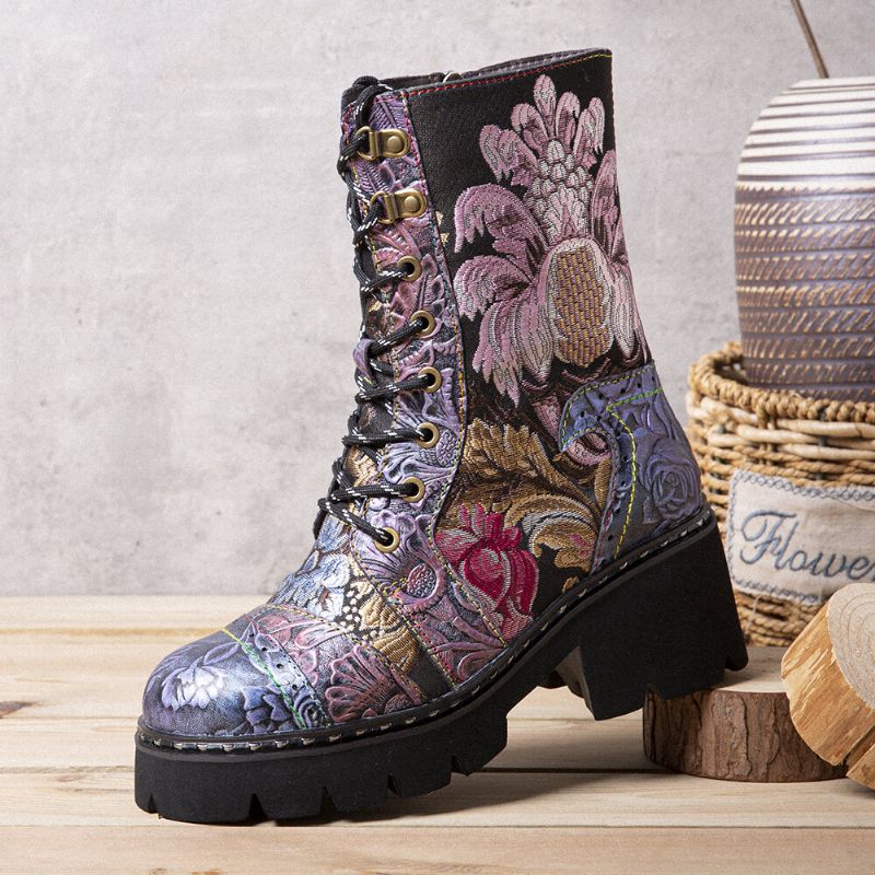 Bottes Mi-tube Brodées De Fleurs Rétro En Cuir Véritable Pour Femmes Socofy