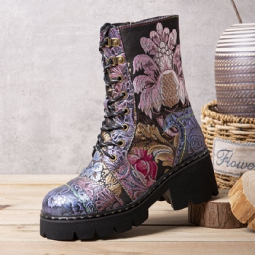 Bottes Mi-tube Brodées De Fleurs Rétro En Cuir Véritable Pour Femmes Socofy