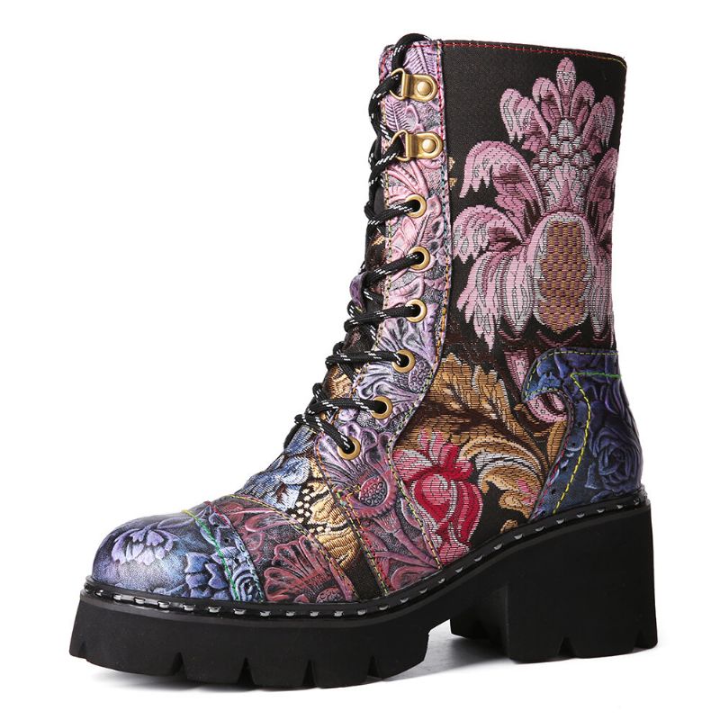 Bottes Mi-tube Brodées De Fleurs Rétro En Cuir Véritable Pour Femmes Socofy