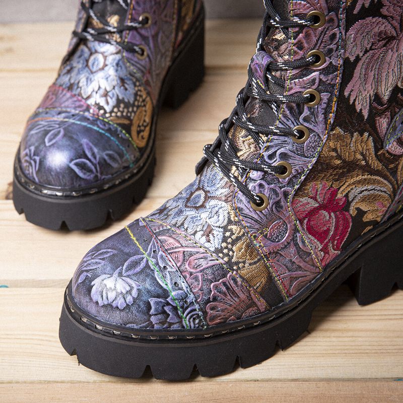 Bottes Mi-tube Brodées De Fleurs Rétro En Cuir Véritable Pour Femmes Socofy