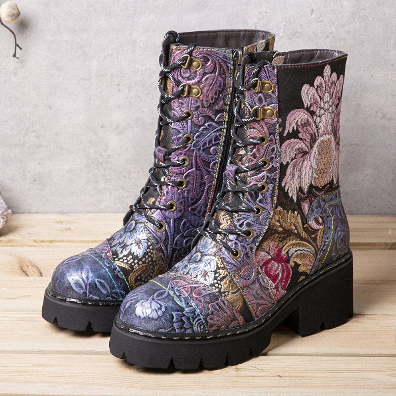 Bottes Mi-tube Brodées De Fleurs Rétro En Cuir Véritable Pour Femmes Socofy