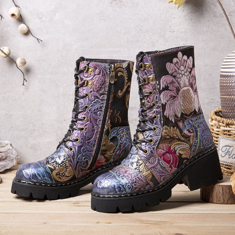 Bottes Mi-tube Brodées De Fleurs Rétro En Cuir Véritable Pour Femmes Socofy