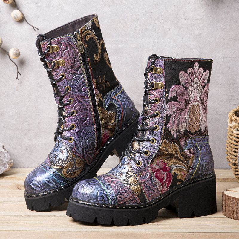 Bottes Mi-tube Brodées De Fleurs Rétro En Cuir Véritable Pour Femmes Socofy