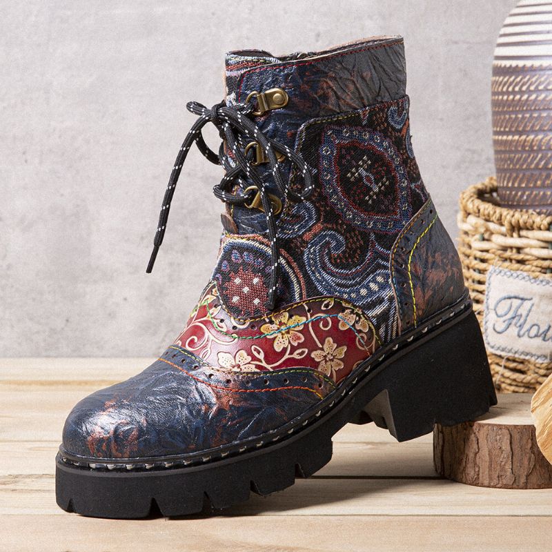 Bottes Mi-tube En Cuir À Motif De Fleurs Antidérapantes De Style Ethnique Rétro Socofy Pour Femmes