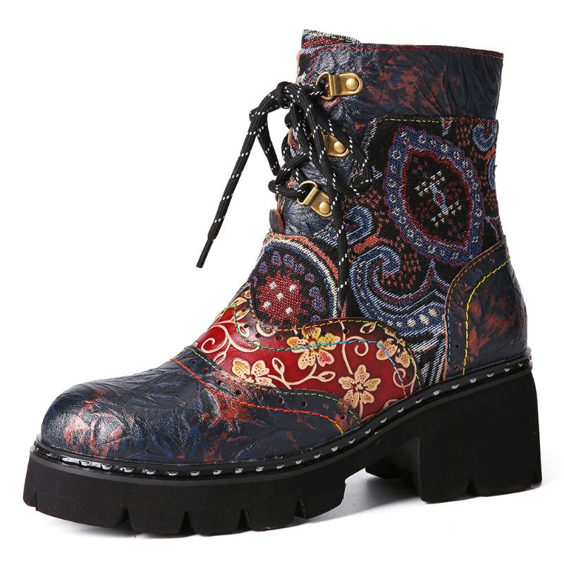 Bottes Mi-tube En Cuir À Motif De Fleurs Antidérapantes De Style Ethnique Rétro Socofy Pour Femmes