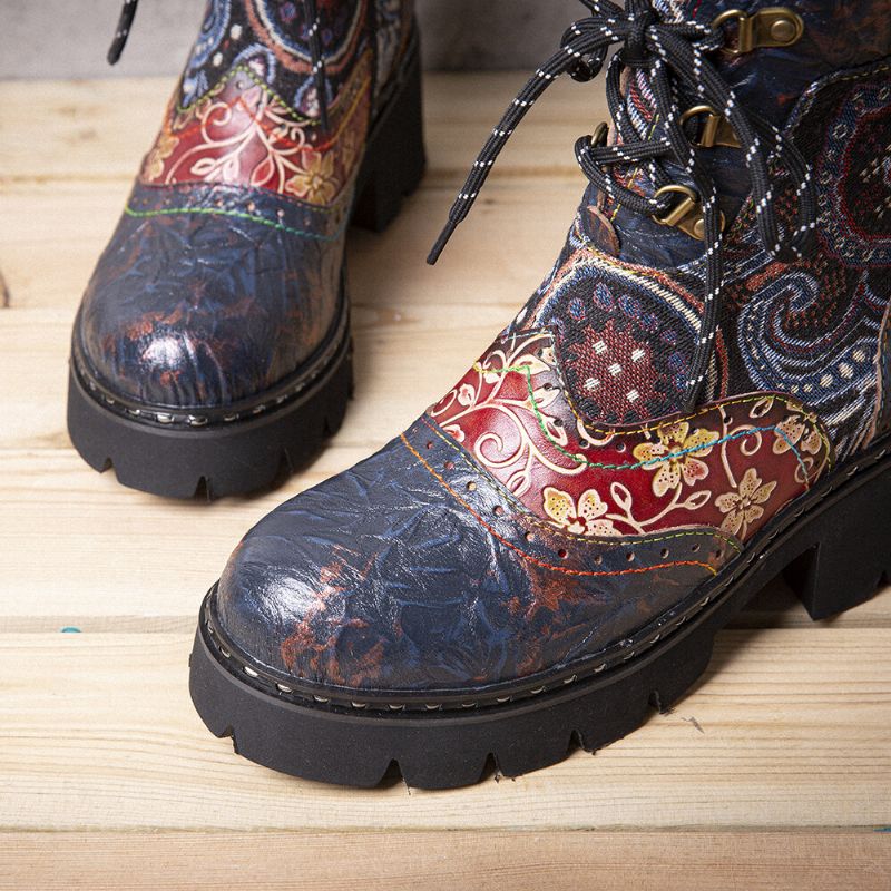 Bottes Mi-tube En Cuir À Motif De Fleurs Antidérapantes De Style Ethnique Rétro Socofy Pour Femmes