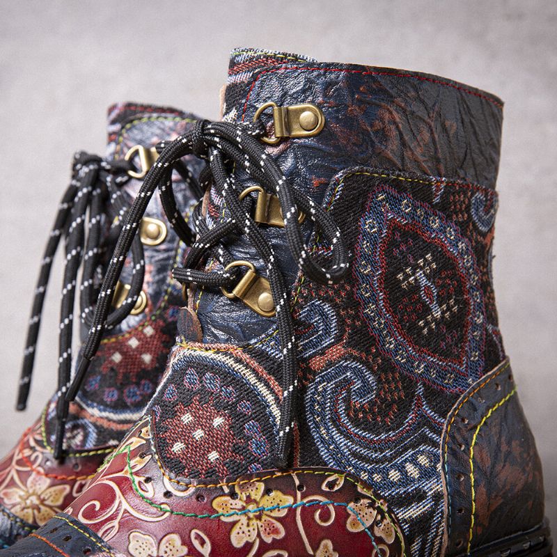 Bottes Mi-tube En Cuir À Motif De Fleurs Antidérapantes De Style Ethnique Rétro Socofy Pour Femmes