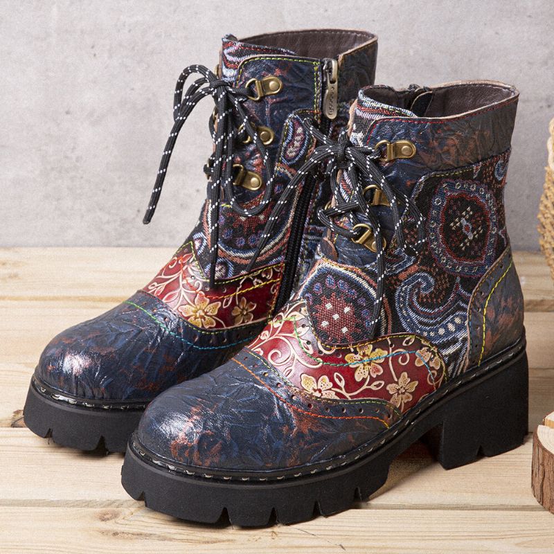 Bottes Mi-tube En Cuir À Motif De Fleurs Antidérapantes De Style Ethnique Rétro Socofy Pour Femmes