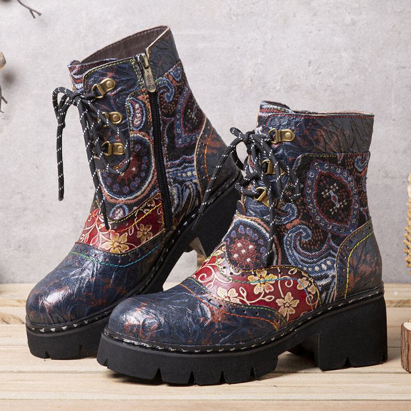 Bottes Mi-tube En Cuir À Motif De Fleurs Antidérapantes De Style Ethnique Rétro Socofy Pour Femmes