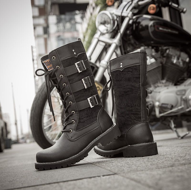 Bottes De Motard Noires Classiques Pour Hommes Bottes De Moto À Boucle En Métal