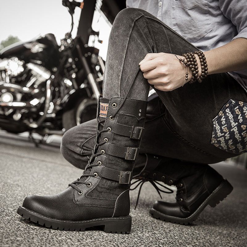 Bottes De Motard Noires Classiques Pour Hommes Bottes De Moto À Boucle En Métal