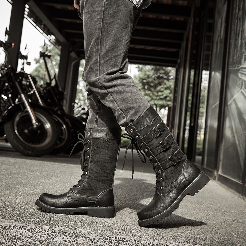 Bottes De Motard Noires Classiques Pour Hommes Bottes De Moto À Boucle En Métal