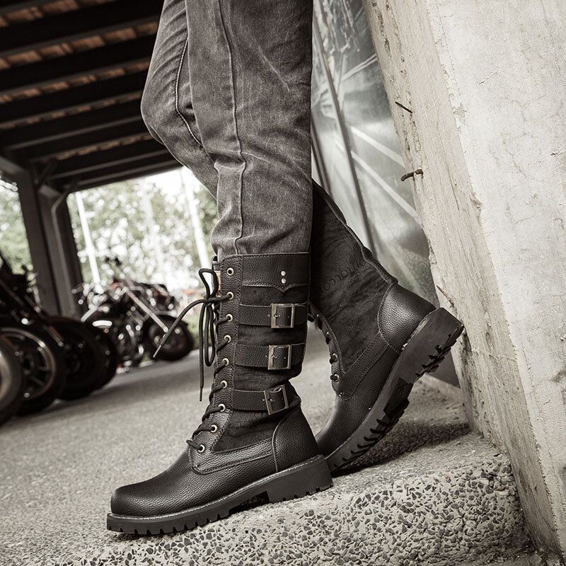 Bottes De Motard Noires Classiques Pour Hommes Bottes De Moto À Boucle En Métal