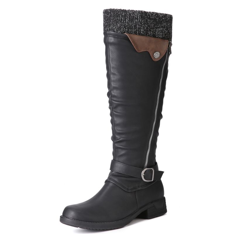 Bottes À Revers En Cuir De Laine Chaude Pour Femmes Couleur Unie Boucle Taille-zip Bottes Hautes Au Genou