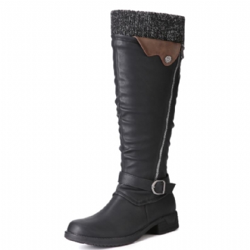 Bottes À Revers En Cuir De Laine Chaude Pour Femmes Couleur Unie Boucle Taille-zip Bottes Hautes Au Genou