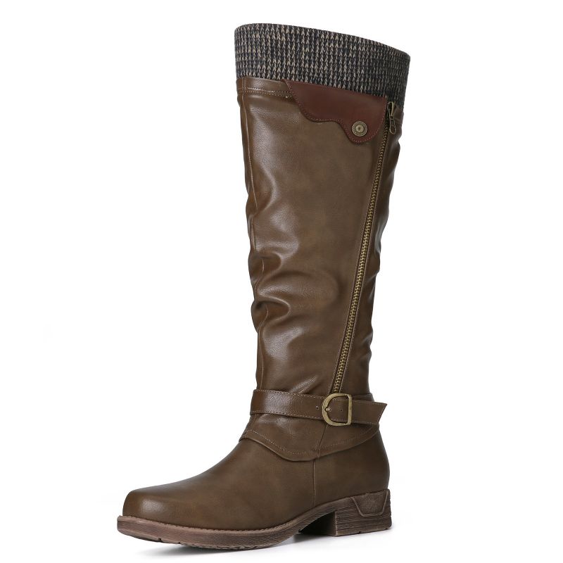 Bottes À Revers En Cuir De Laine Chaude Pour Femmes Couleur Unie Boucle Taille-zip Bottes Hautes Au Genou