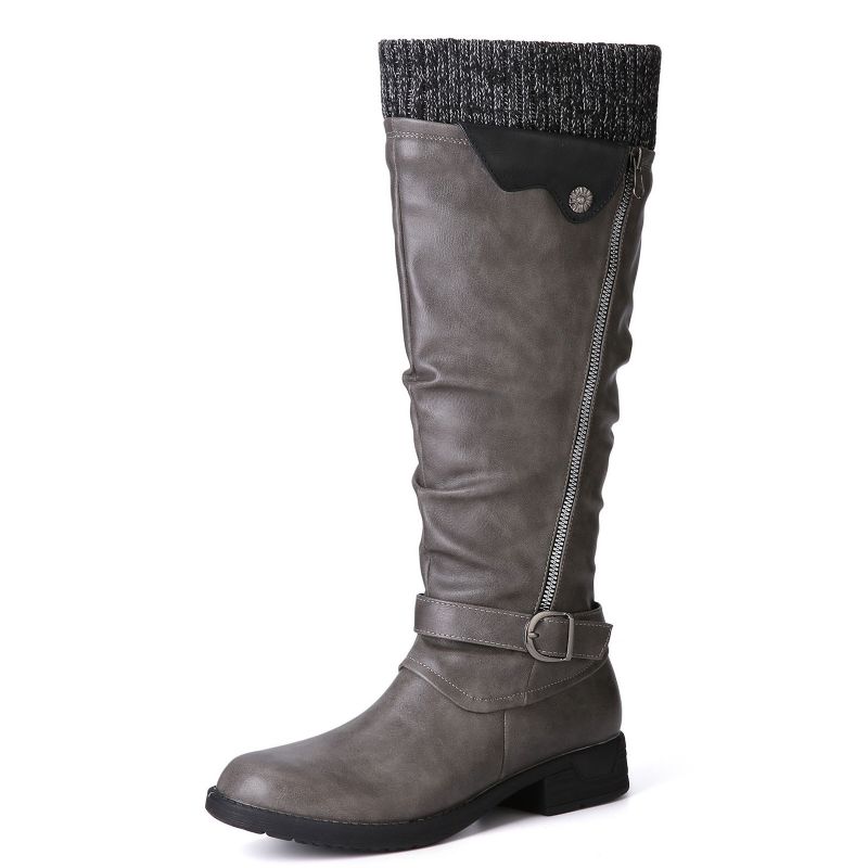 Bottes À Revers En Cuir De Laine Chaude Pour Femmes Couleur Unie Boucle Taille-zip Bottes Hautes Au Genou