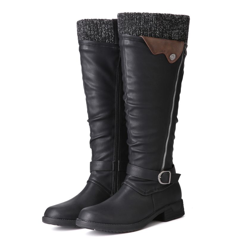 Bottes À Revers En Cuir De Laine Chaude Pour Femmes Couleur Unie Boucle Taille-zip Bottes Hautes Au Genou