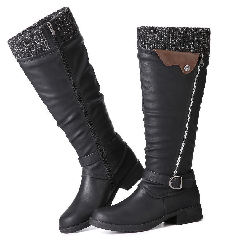 Bottes À Revers En Cuir De Laine Chaude Pour Femmes Couleur Unie Boucle Taille-zip Bottes Hautes Au Genou