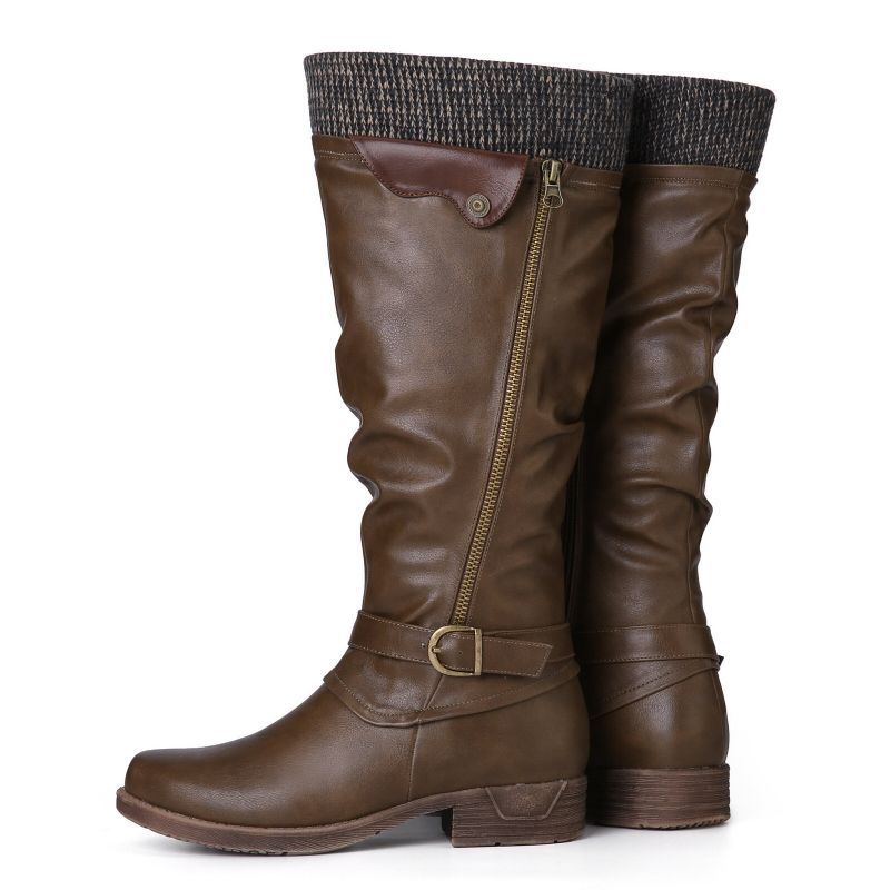 Bottes À Revers En Cuir De Laine Chaude Pour Femmes Couleur Unie Boucle Taille-zip Bottes Hautes Au Genou