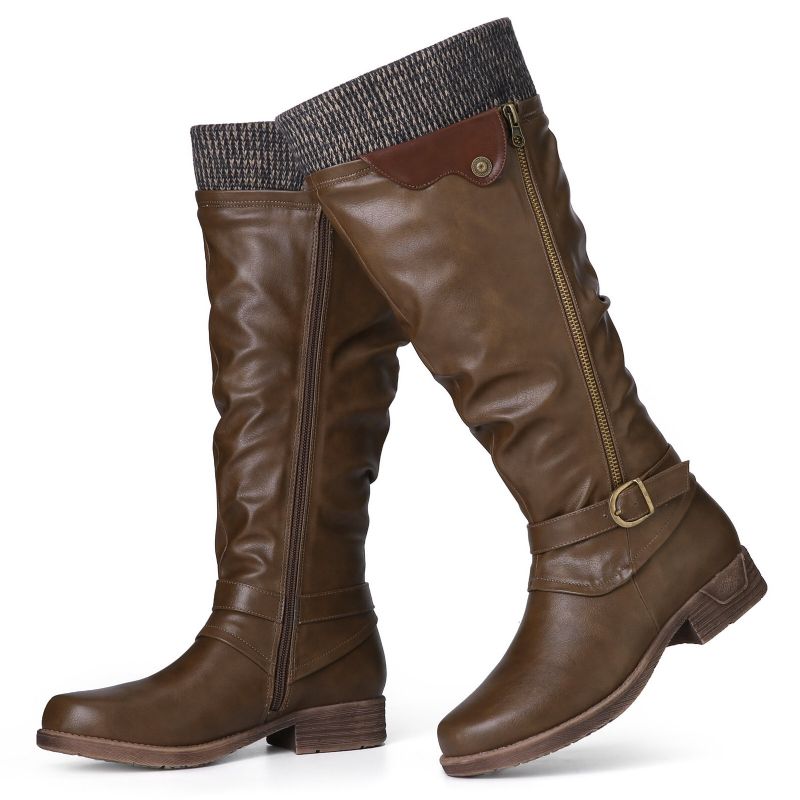 Bottes À Revers En Cuir De Laine Chaude Pour Femmes Couleur Unie Boucle Taille-zip Bottes Hautes Au Genou