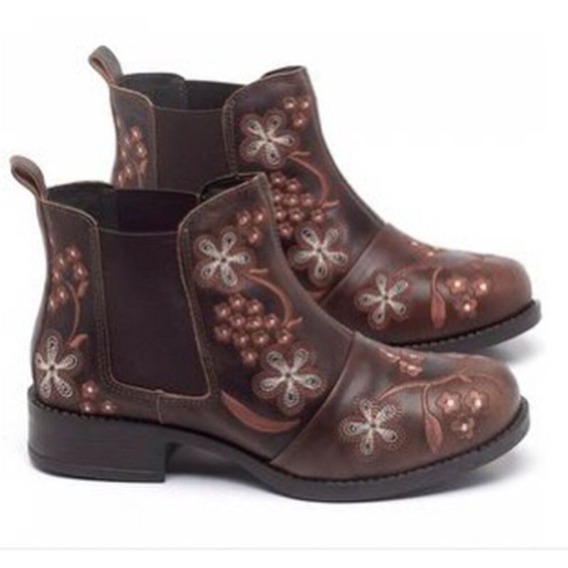 Bottines Chelsea Confortables À Porter Avec Broderie Florale Rétro Pour Femmes