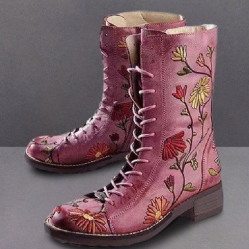 Bottines Courtes À Talons Épais Brodées De Fleurs Pour Femmes