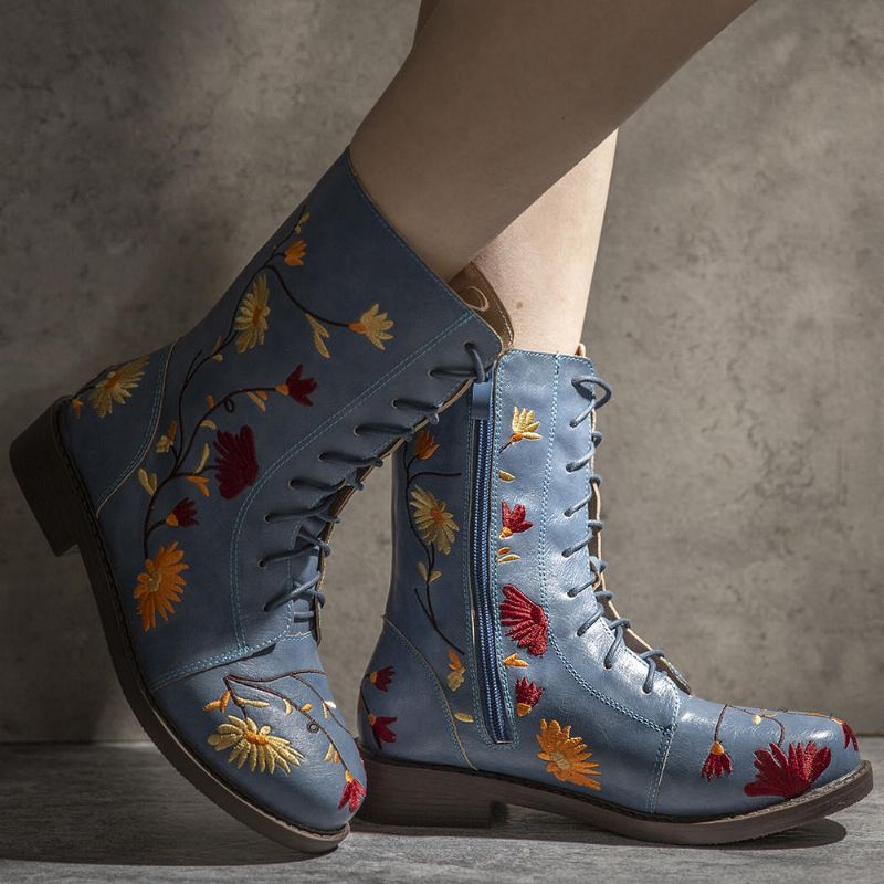 Bottines Courtes À Talons Épais Brodées De Fleurs Pour Femmes