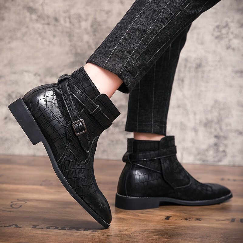 Bottines À La Mode Pour Hommes En Cuir Gaufré Avec Boucle En Métal