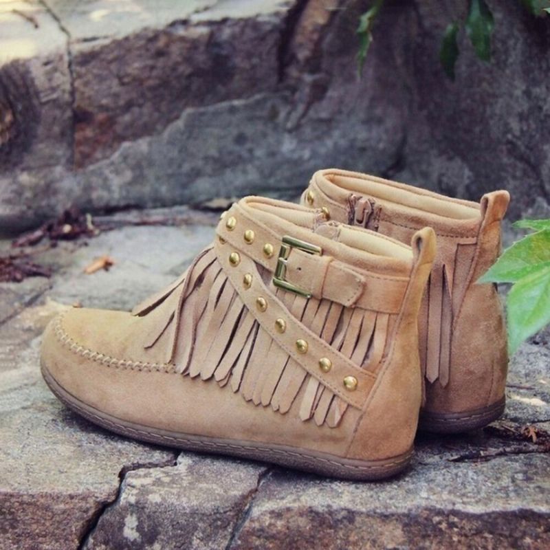 Bottines Plates À Boucle En Métal À Pampilles En Daim De Grande Taille Pour Femmes