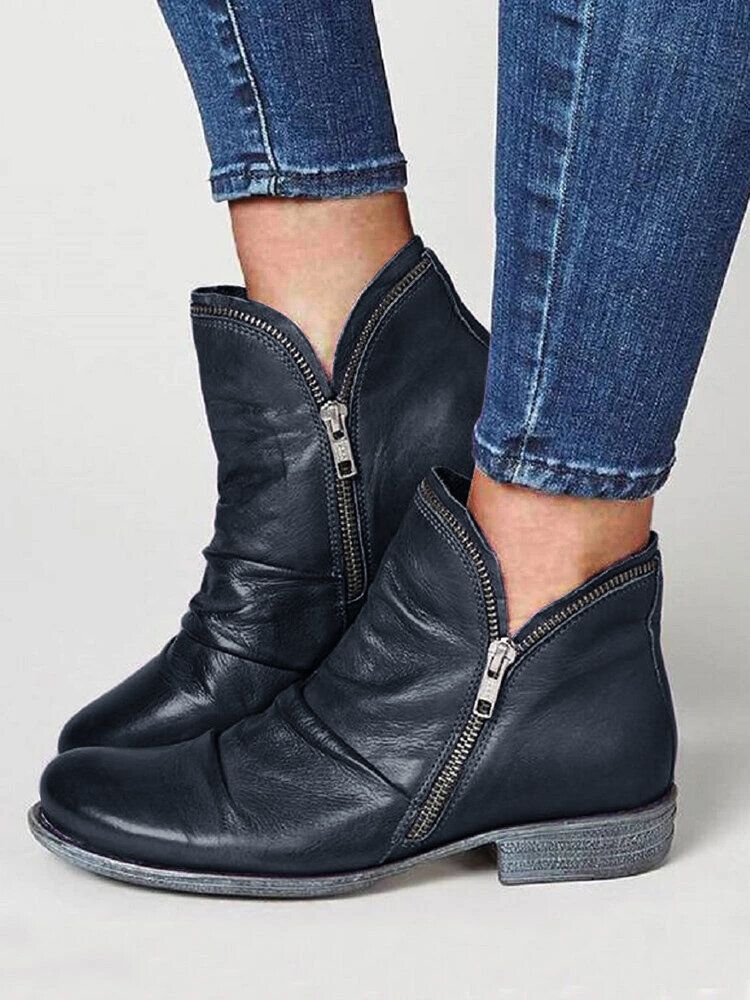 Bottines Plates Décontractées À Fermeture Éclair Latérale De Grande Taille Pour Femmes