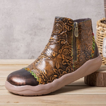 Bottines Socofy En Cuir Véritable À Motif Floral Et Coutures Colorées Pour Femmes