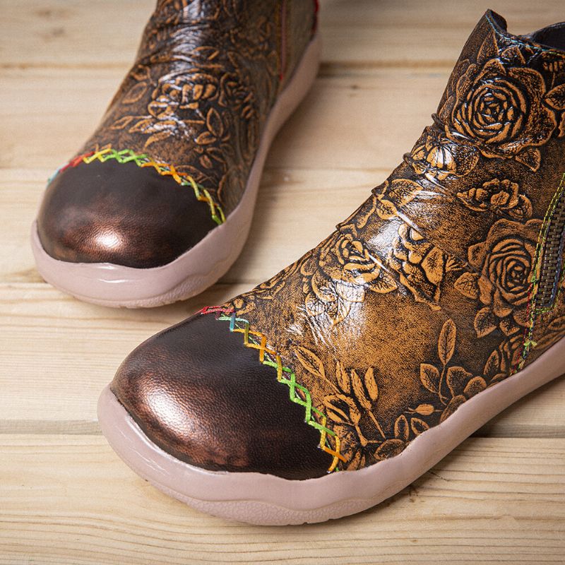 Bottines Socofy En Cuir Véritable À Motif Floral Et Coutures Colorées Pour Femmes