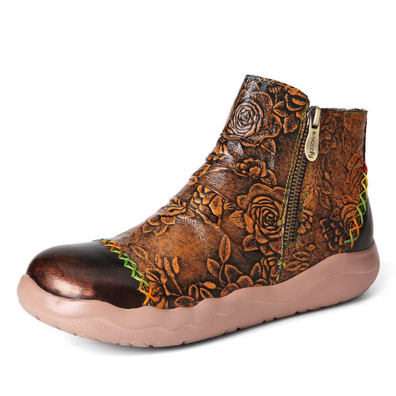 Bottines Socofy En Cuir Véritable À Motif Floral Et Coutures Colorées Pour Femmes