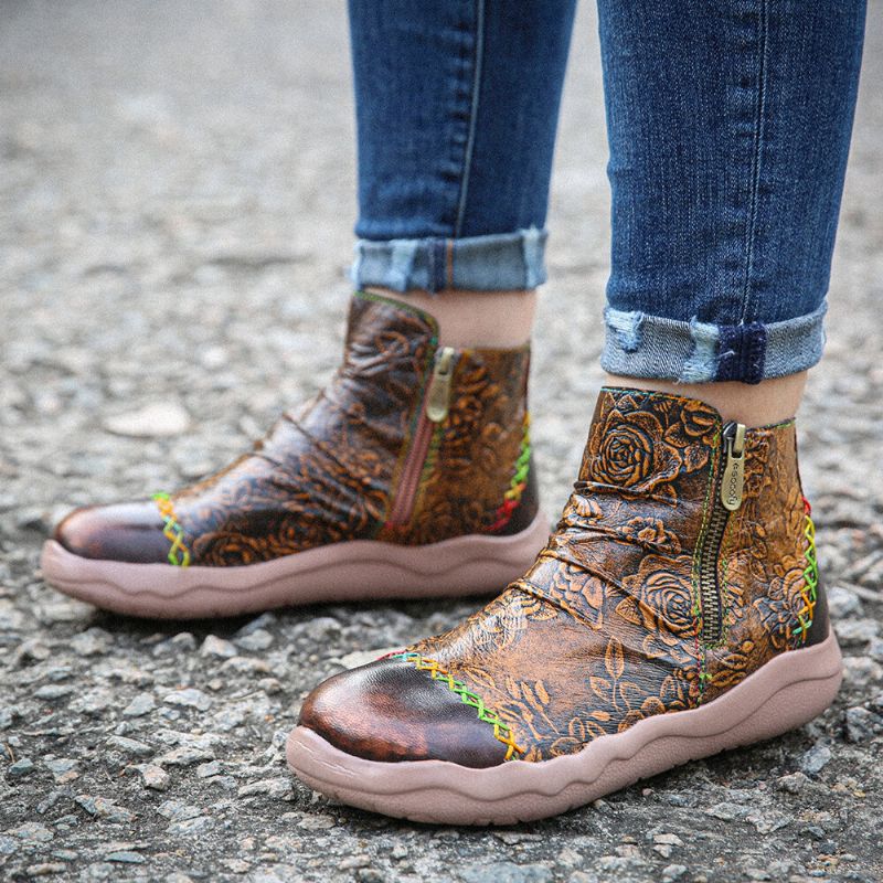 Bottines Socofy En Cuir Véritable À Motif Floral Et Coutures Colorées Pour Femmes