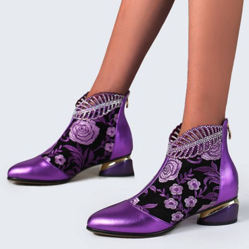 Bottines À Talons Épais En Cuir Souple Brodé De Fleurs Pour Femmes