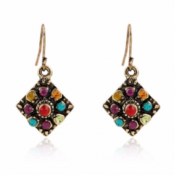 Boucles D'oreilles Bohème Colorées En Alliage De Diamants Carrés Avec Strass Pour Femmes