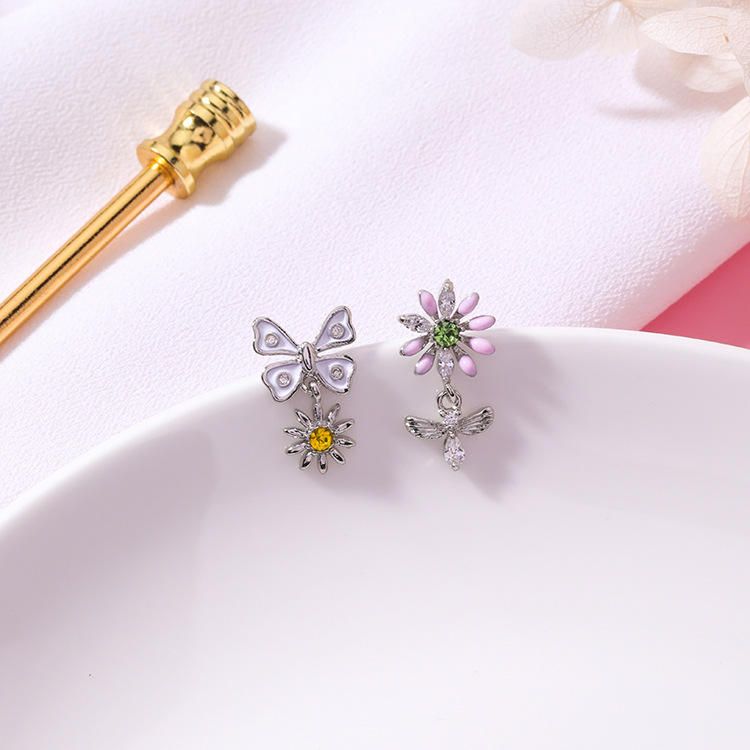 Boucles D'oreilles Papillon Fleur Douce Boucles D'oreilles Femmes Anallergiques En Argent Sterling Aiguille Strass