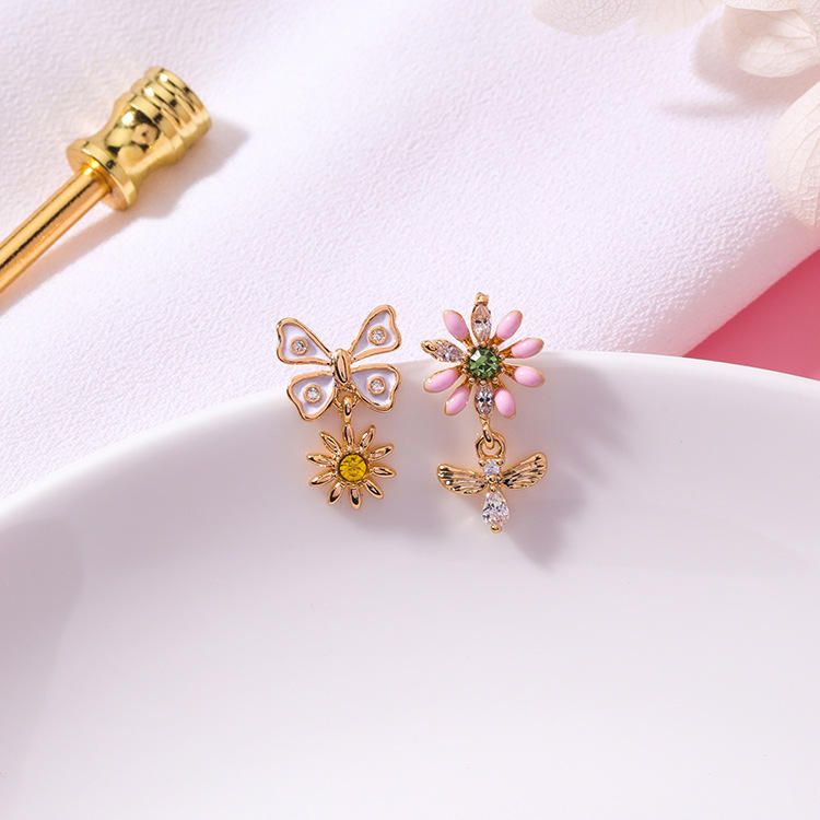 Boucles D'oreilles Papillon Fleur Douce Boucles D'oreilles Femmes Anallergiques En Argent Sterling Aiguille Strass