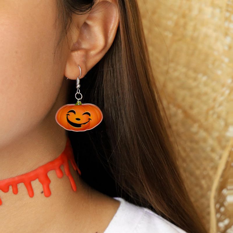 Boucles D'oreilles Pendentif Sourire Citrouille À La Mode Drôle 3d Stéréoscopique Halloween Résine Bande Dessinée Boucle D'oreille