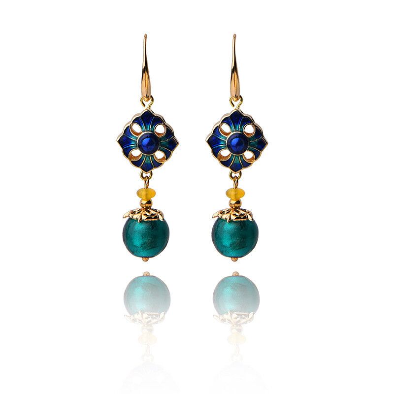 Boucles D'oreilles Rétro De Luxe Cloisonné Fleur Agate Boucle D'oreille En Or À La Main Pour Les Femmes Bijoux Ethniques