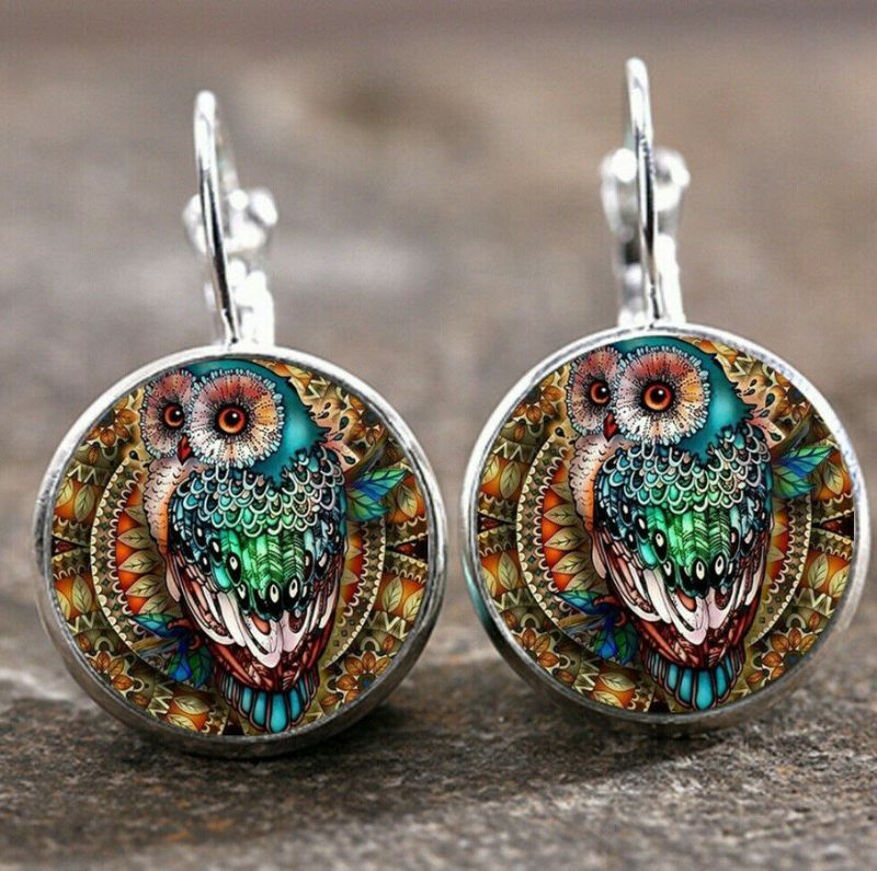 Boucles D'oreilles Rondes En Verre Animal Vintage Boucles D'oreilles Hibou Tigre Coloré Géométrique En Métal