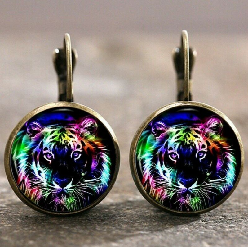 Boucles D'oreilles Rondes En Verre Animal Vintage Boucles D'oreilles Hibou Tigre Coloré Géométrique En Métal