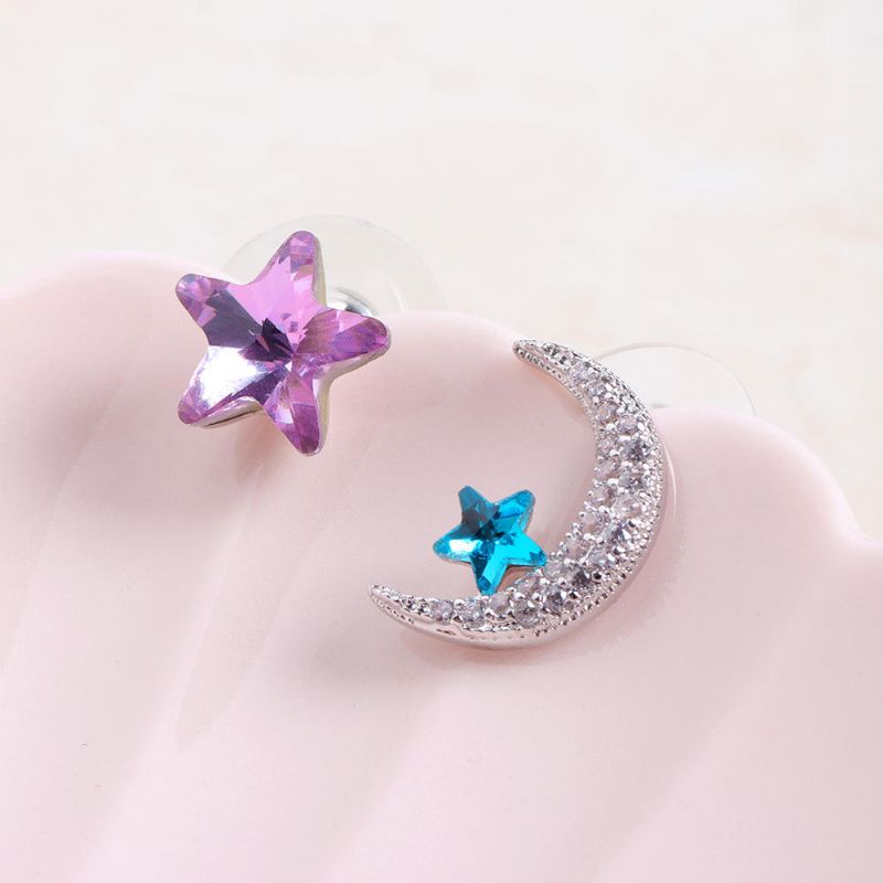 Boucles D'oreilles Uniques Asymétriques Boucles D'oreilles De Luxe Micro Pavé Zircone Crystal Star Moon Piercing